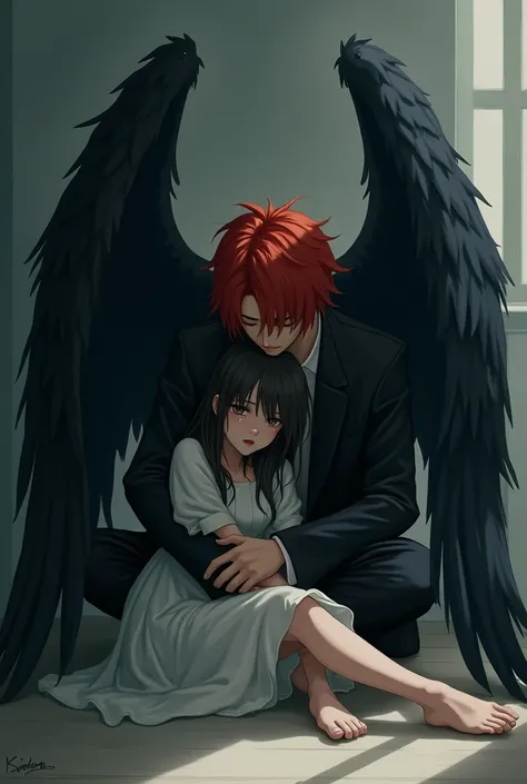 Hyunjin from SKZ with red hair and black wings sit on the floor and hugging angel girl with dark hair, she is hurt and crying