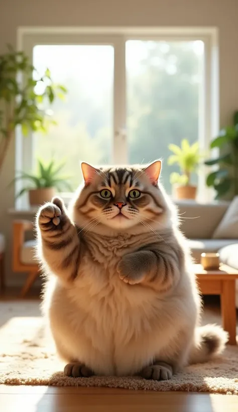 A highly realistic photo of a chubby cat giving a thumbs-up gesture. The cat has a round and fluffy body, appearing well-fed and slightly overweight. It has a playful and confident expression, making direct eye contact with the camera. One paw is raised in...