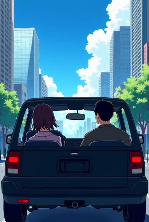 A  girl sits next to her little brother in the back seat of a black SUV. Her father drives the car. Her father has black hair and a few gray strands. Next to him, the mother and the girl sit looking at the skyscrapers, the huge buildings in the street and ...