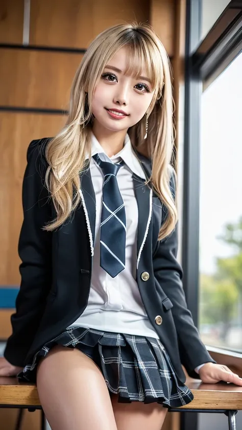 ((masterpiece,  top quality,  high definition ,  Ultra High Definition)),  Japanese Gals,( realistic :1.4)、 smiles、 Amazing Face 、 sharp mouth、 close your mouth、Glossy Lips 、 long hair on background,(Beautiful blonde:1.5)、 high school uniform ,(Black blaze...