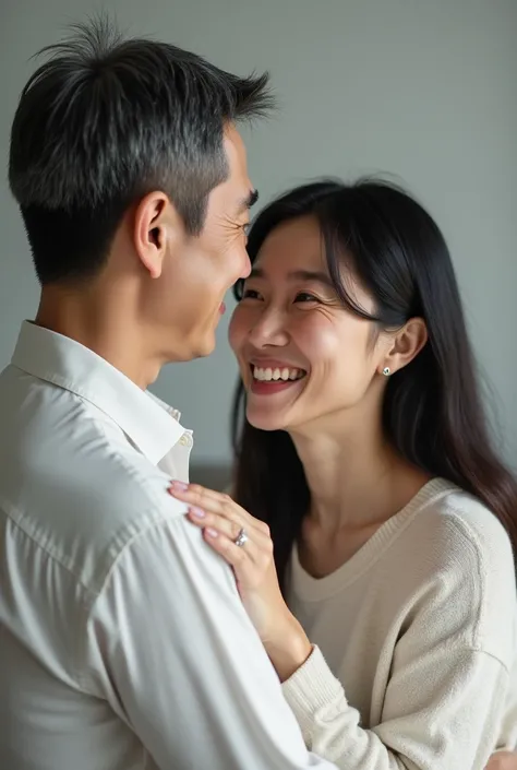 Create an image of a korean dad and japanese mom  realistic photo please in their 40's