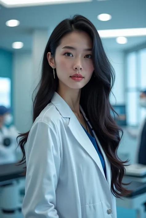 A beautiful female doctor with long black hair.