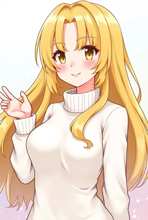  Bismarck from Azur Lane stands gracefully, wearing a cozy white sweater. Her long blonde hair flows gently around her shoulders, and her golden eyes shine with warmth. She extends one hand forward in a welcoming gesture, her expression a slight smile, add...