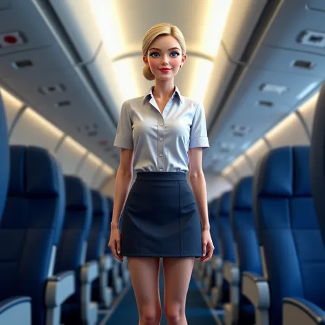 realistic 8k, Smiling Swedish flight attendant panties in a miniskirt in the corridor of an airplane,  bottom view 