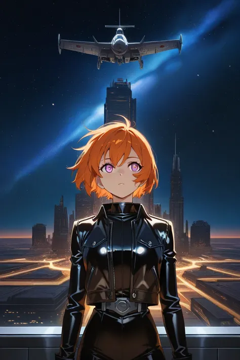 masterpiece,  Very high quality ,  best quality, High definition,  Animation ,  anime character, high quality background, Space background,  tall building , night,  orange head, Future firearms, pretty eyes, leather jacket, spaceship flight, futuristic att...