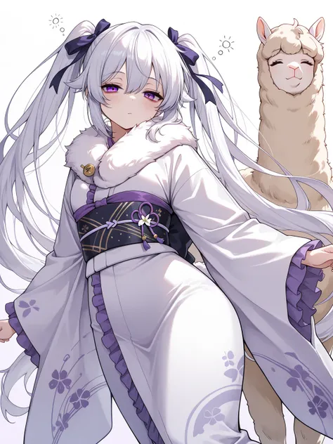 1girl, white hair, very long hair, twintails, purple eyes, hair ribbon, looking at viewer, sleepy, bags under eyes, closed eyes, (fur-trimmed kimono, white shade lilac kimono, frills, hair ribbon), alpaca, dynamic pose, dynamic angle,, (masterpiece, best q...