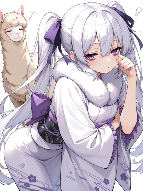 1girl, white hair, very long hair, twintails, purple eyes, hair ribbon, looking at viewer, sleepy, bags under eyes, closed eyes, (fur-trimmed kimono, white shade lilac kimono, frills, hair ribbon), alpaca, dynamic pose, dynamic angle,, (masterpiece, best q...