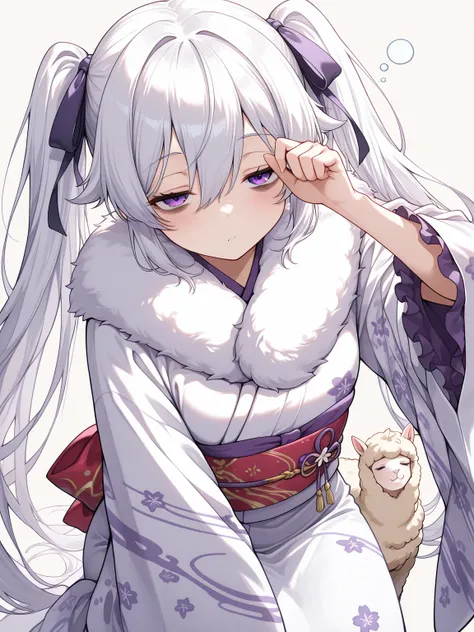 1girl, white hair, very long hair, twintails, purple eyes, hair ribbon, looking at viewer, sleepy, bags under eyes, closed eyes, (fur-trimmed kimono, white shade lilac kimono, frills, hair ribbon), alpaca, dynamic pose, dynamic angle,, (masterpiece, best q...