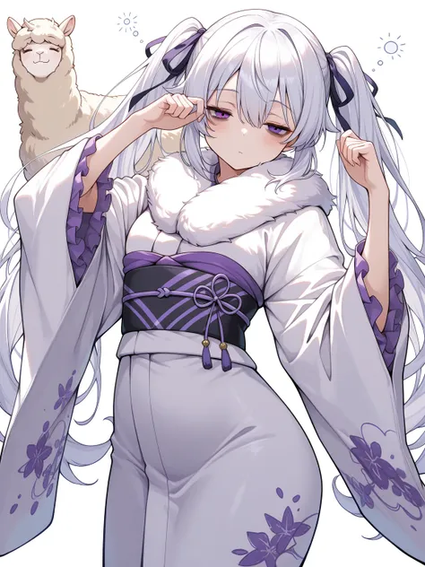 1girl, white hair, very long hair, twintails, purple eyes, hair ribbon, looking at viewer, sleepy, bags under eyes, closed eyes, (fur-trimmed kimono, white shade lilac kimono, frills, hair ribbon), alpaca, dynamic pose, dynamic angle,, (masterpiece, best q...