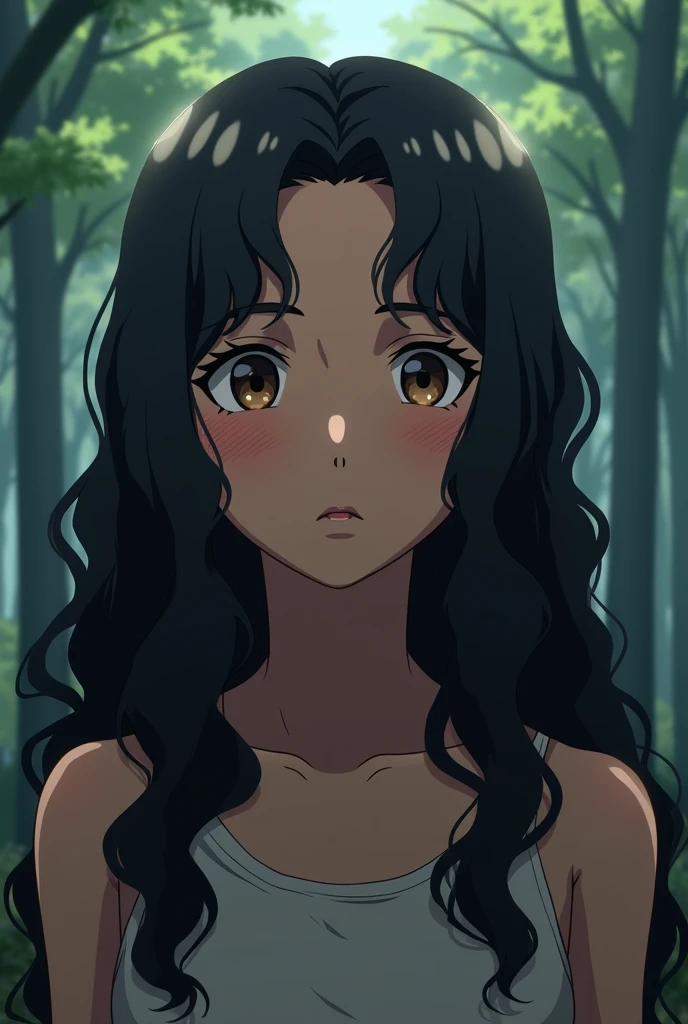  Naruto Shippuden style anime girl , Mulatto leather with long curly black hair,  hazel eyes ,  long black eyelashes , background with a lonely forest