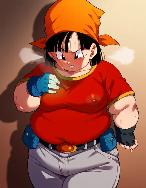 Fat,  chubby, obesity, Dragon Ball Pan , Pan GT,  short hair,  black hair,  gloves, Short sleeve, black  gloves, belt,  pants, fingerless  gloves,  Black Eyes ,  red shirt by Doof, black belt,  bandana, orange  bandana, woman , grey  pants,Nipples、  watche...