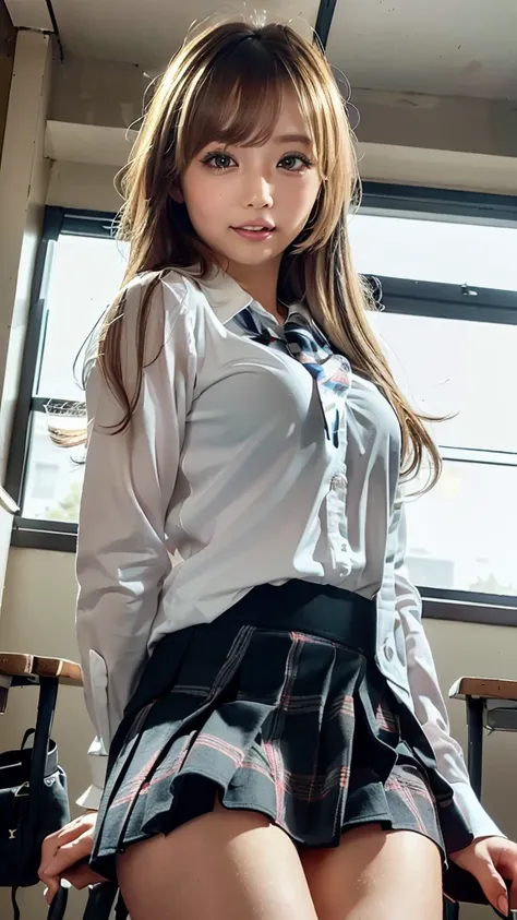 ((masterpiece,  top quality,  high definition ,  Ultra High Definition)),  Japanese Gals,( realistic :1.4)、 smiles、 Amazing Face 、 sharp mouth、 close your mouth、Glossy Lips 、 long hair on background,(Beautiful blonde:1.5)、 high school uniform ,(Black blaze...