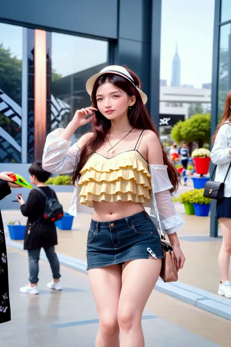 pretty age woman, standing posed, on city street, modern bulding on background BREAK, (forehead, dark-brown hair, white bucket hat), BREAK,  ( white long sleeves crop jacket, open jacket), (undershirt : yellow ruffle multilayer camisole),  dark denim bucke...