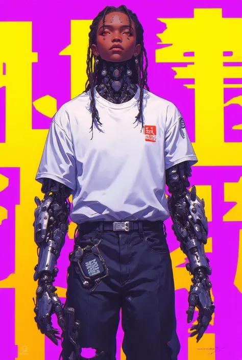 cyberpunk, cyborg, a young African Boy cyborg, Cute small round shaped face, 4 short dread locs braided to the back of his head, glowing red eyes, light brown skin color, full body, slim body figure. Ectormorph body type, Thin mechanical arms, thin Circuit...