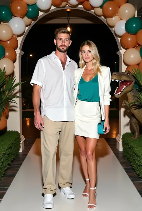 Couple at a ren's birthday with Dinosaur-themed entry. man Theo James , 27 years old, model, Super tall and strong, muscular, strong physique,  short beard ,  classic light blonde hair ,  square face ,  light white skin ,  blue eyes, forte e muscular, wear...