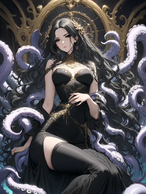 Illustrioussciamano, Masterpiece, very detailed, ultra detailed, one, (1 woman), she is in a black delicate dress with gold elements, and in an elegant position, long hair, wavy hair, black hair similar to tentacles or tintacles and middle parting on sides...