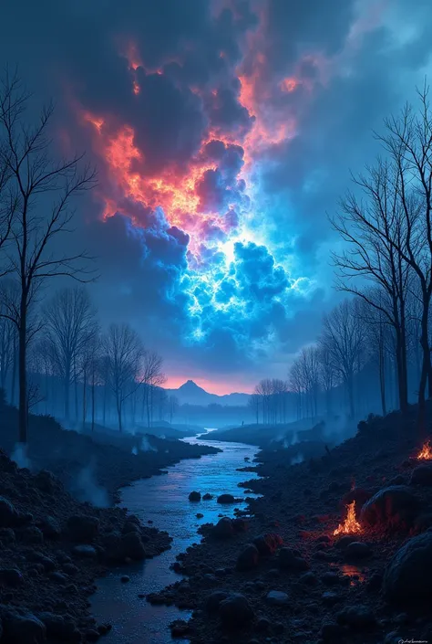 A wasteland of trees burning in blue flames and a red and blue sky of smoke and flames