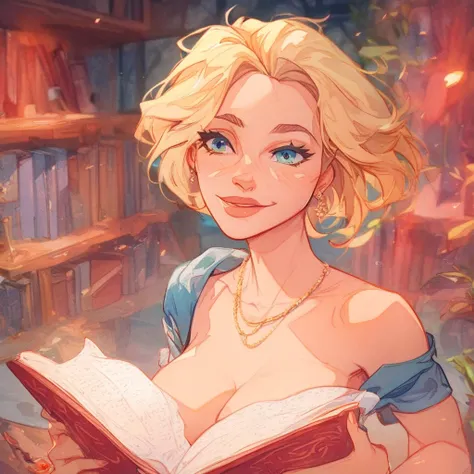 Nina is a 40-year-old woman , Athletic, short hair blonde, ojos verdes y preciosa. He's in a library reading a book..
the style of the image is drawing, stunning digital illustration, Highly detailed 4k digital art, Beautiful digital artwork, vibrant carto...