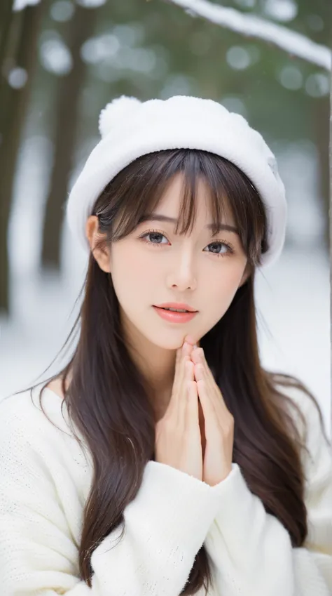  top quality,  Masterpiece,
 Japanese idol woman wearing a white sweater and white sweater hat、 analog photography ,  is staring at viewers,  long hair,  headshot , Keep one&#39;On one cheek&#39;Hand, expansion,  very pretty and fine face ,  medium breasts...