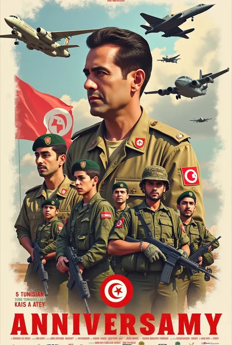 I want an image with the large text "69th Anniversary" of the National Army's rebirth. The image should include pictures of the Tunisian Army's air, naval, and ground forces, as well as a picture of the President of Tunisia, Kais Saied. It should also feat...