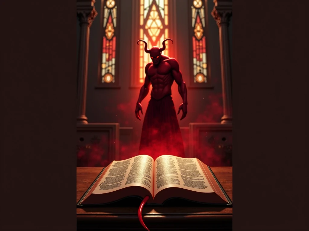 Create a YouTube image of an open bible in a church , In the background you can see a red demon next to it a Catholic church window , The flash of light next to him 