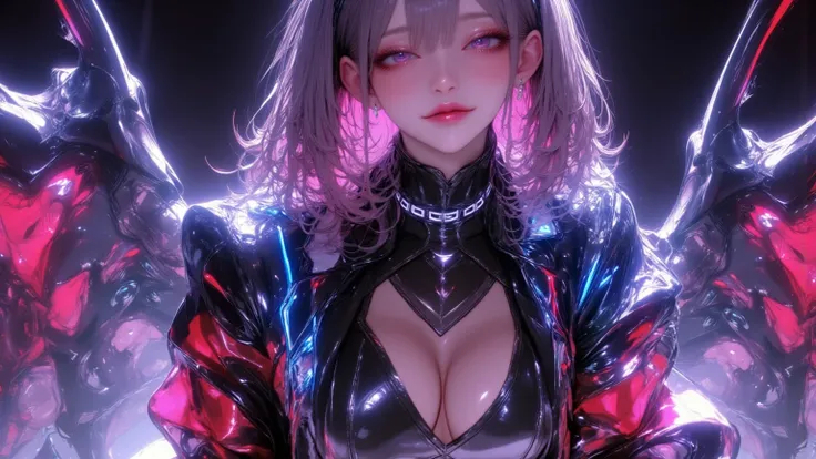  A young and beautiful woman,( best quality,  very detailed depiction,  amazingly absurd high-resolution  ,There is a high quality animated picture :2.0),( A virtual idol is wearing a cyber-inspired villain costume  ),(  action pose like a sci-fi hero show...