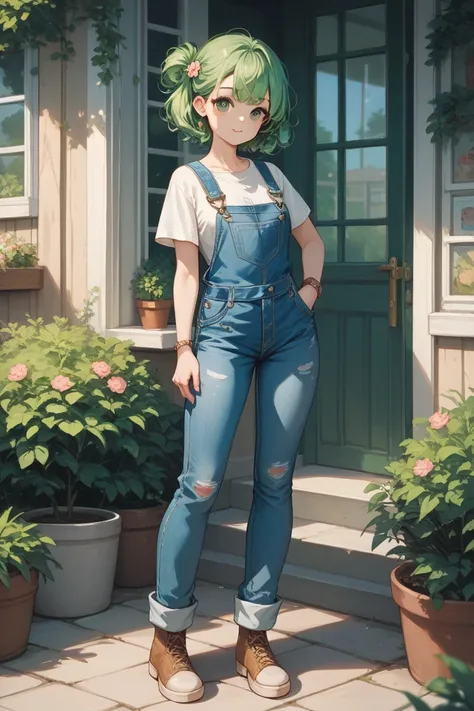 green hair, girl, green eyes, cute face, full body, standing, short denim overalls outfit