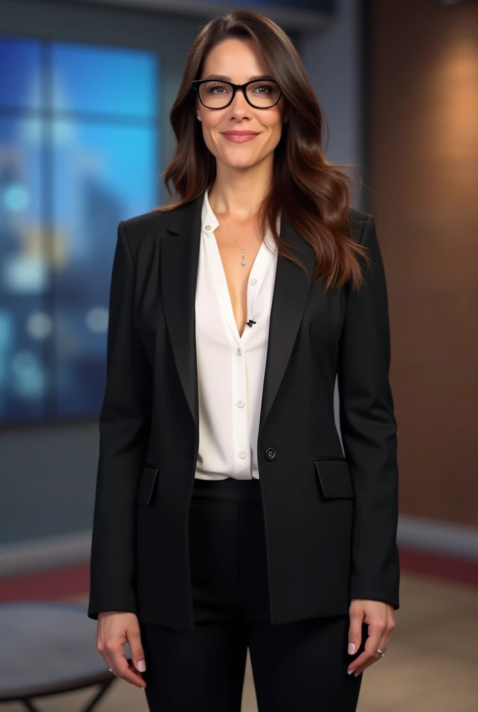 40 year old woman, front view, standing with 5 fingered hands, very beautiful white American, journalist with slight smile, presenting a show on TV, white blouse, closed black jacket, very elegant, black pants, big breasts, slight cleavage, brunette, long ...