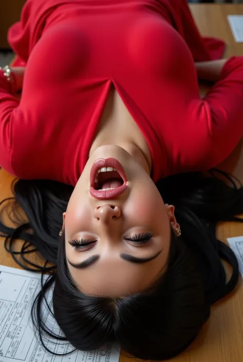 The image is a high-resolution photograph of a young cabrazia  wearing red flowing hijab with red oversized red hijab dress, likely in her early twenties, lying on wooden table with papers  She has light skin and long wavy dark brown hair. She is positione...