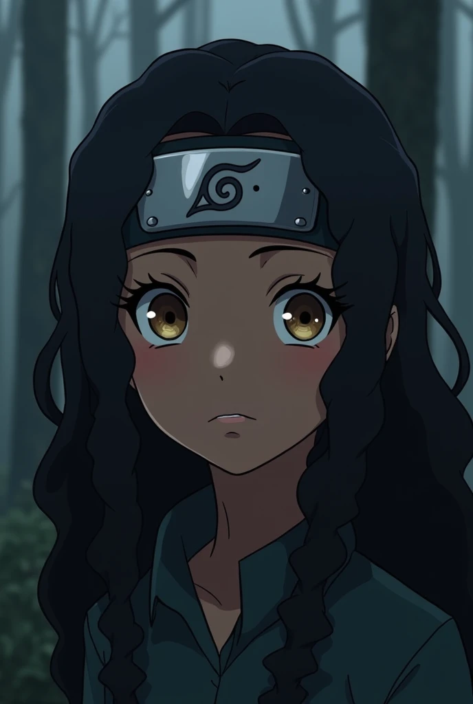  Naruto Shippuden style anime girl , Mulatto leather with long curly black hair,  hazel eyes ,  long black eyelashes , background with a lonely forest, With Ninja Band by Konoha 