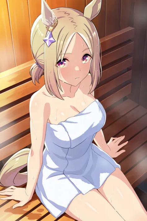 Narita Top Road (umamusume), 1 girl, ponytail, solo, blonde ponytail, wet hair, looking at viewer, jewelry, very wet, very embarrassed, in a towel, in a sauna, on a bench, wet body, Umamusume, horse ears, horse girl, animal ears, Narita Top Road, highlight...