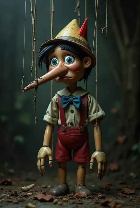  Pinocchio with sad features ,  deep eyes and melancholic expression ,  as if lost or disillusioned .

 an elongated nose turning into dry branches ,  symbolizing lies that grow and become a burden.

 Loose or cut strings ,  suggesting abandonment or loss ...