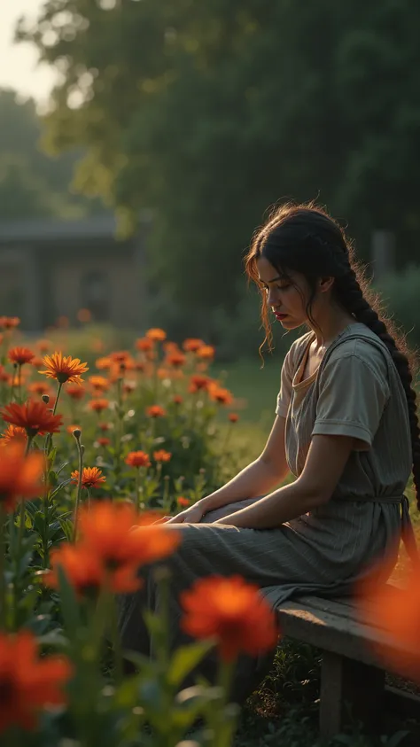 A close-up of a once-vibrant garden now wilting, the glowing flowers fading into dull, lifeless colors. In the background, a weary woman with dark circles under her eyes and long brown hair tied in a loose braid sits on a wooden bench, staring at the groun...