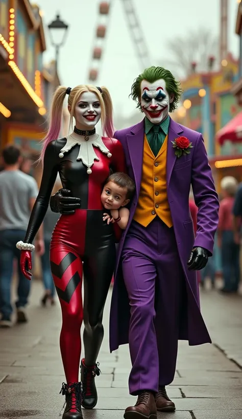 Harley Quinn and The Joker carrying a happy  at an amusement park, ultra realistic and professional images 