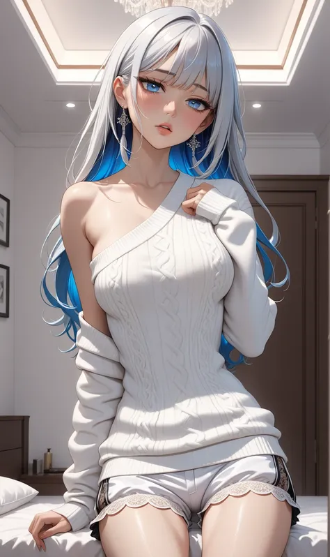 ((Random Sexy pose)), (elegant mature women), ((Ultra detailing)), (very aesthetic, best quality, ultra detailed), intricate details, 1girl, silver hair, Blue inner hair  ,(Silver eyes),((Detailed eyes)), ((Beautifull eyes)), ((prefect eyes)), sharp jawlin...