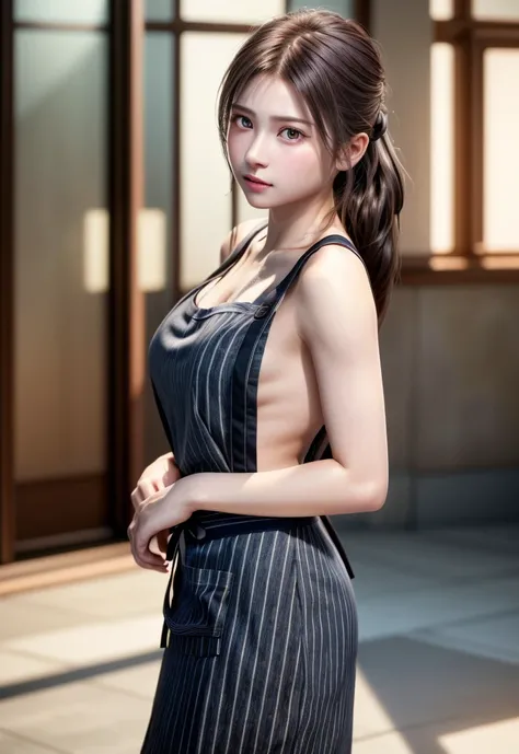 8k,  top quality,  Masterpiece:1.2), ( is present,  photorealistic:1.37),  top quality,  Masterpiece,  beautiful young woman ,  pensive expression ,  gentle eyes,  naked apron 、lover、 hair tied at the back , Messy mood,   Stripe Everything Like an Unreal R...