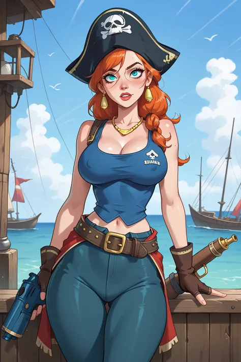  1 girl ,   raised eyebrows   , pirate style black headscarf , Sensual, Big breasts  ,   beautiful legs  ,     thick legs   ((Blue tank top,  tight brown long pants,  a duck buoy around your waist ), Point a colored gun , cartoon, big eyes ,  perfect anato...