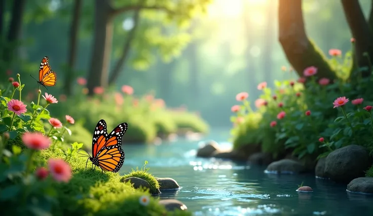 morning summer forest ,  a stream of clear water flows ,  the rays of the daytime sun break through the foliage,  colorful butterflies fly through the forest ,, aesthetically pleasing, beautiful,  realistically ,  close-up,  high detail ,  high resolution ...