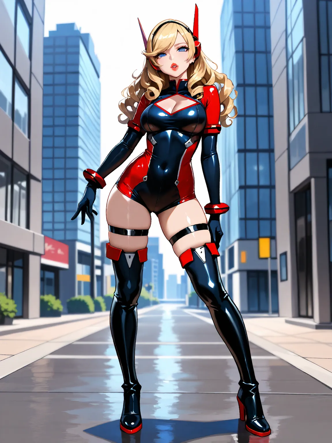 ((masterpiece,absurdres,High Resolution, Looking at viewer,fullbody, blue eyes,alluring eyes,blonde hair,swept bangs,)),thick lips,parted lips,)),(, medium breasts,))((shoulder length hair,red lipgloss,shiny lips, standing,posing, focus on whole outfit,cur...