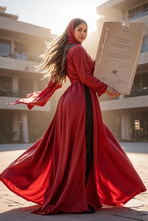 top- rear view selfie of a woman , wearing a red hijab with red flowing oversized red hijab dress. her long flowing red hijab  blown away by heavy winds. She radiates natural beauty with no makeup, a serene smile, and expressive eyes. The setting is a gold...