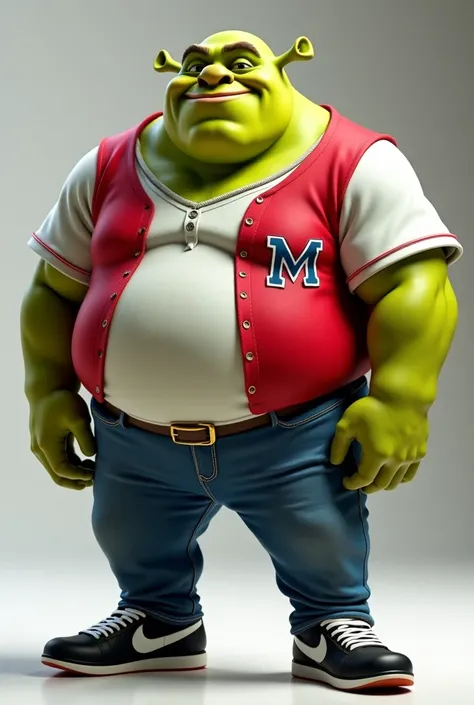 Shrek ogre fat green wearing white t-shirt and on top of a red baseball jersey with the word MEXICALI print and blue skinny denim pants with black Nike sneakers 