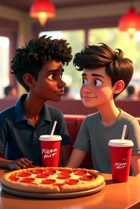  Create this image Two age boys on their first date at a Pizza Hut pizzeria,  captured at a camera angle of 0 .5. One has dark skin ,  wavy hair and a dark blue polo shirt .  The other has white skin ,  curly hair,  a nose piercing and a gray t-shirt .  Th...