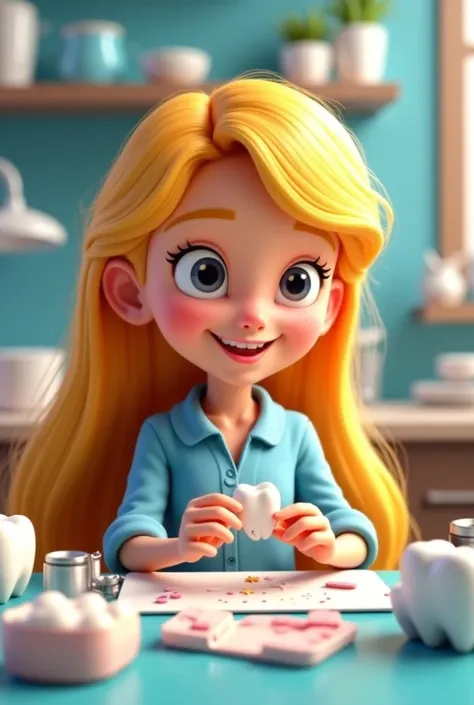 Animated blonde haired girl making dental laminate