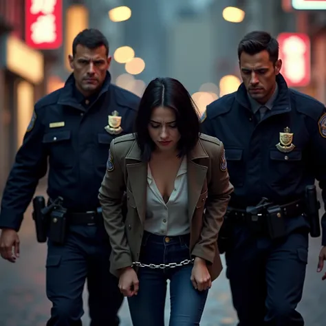 Two police officers are escorting a bent-over woman in handcuffs. Her hands are behind her back, wrists restrained by metal handcuffs. The woman has dark hair in a bob cut, her facial expression showing a mix of fear and distress. The police officers wear ...