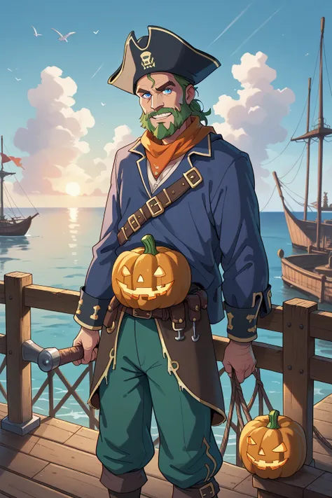 cartoon style illustration,  a short and fat pirate , wearing an orange costume ,  holds a pumpkin , green beard, blue eyes,  a raven is on his shoulder,  standing on the port pier 