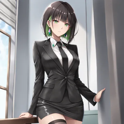 masterpiece, (((( best quality )))),1 girl,shiny skin, wearing a black suit,skirt suit, black tie , dark hair, short bob hair,The inner color of the hair is green, green eyes,isosceles triangle earrings, black stockings,medium breasts