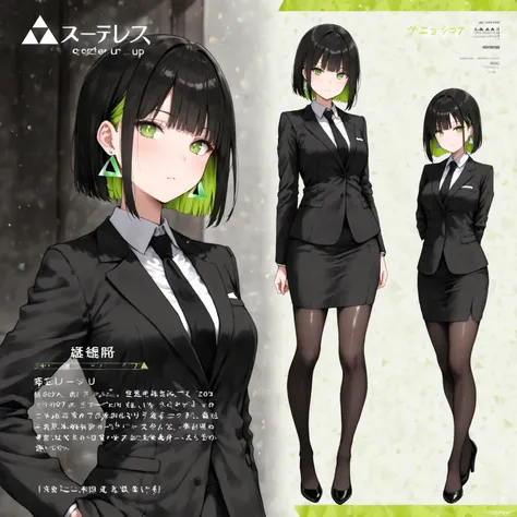 masterpiece, (((( best quality )))),1 girl,character profilele, Japanese Anime ,shiny skin, wearing a black suit,skirt suit, black tie , dark hair, short bob hair,The inner color of the hair is green, green eyes,isosceles triangle earrings, black stockings...