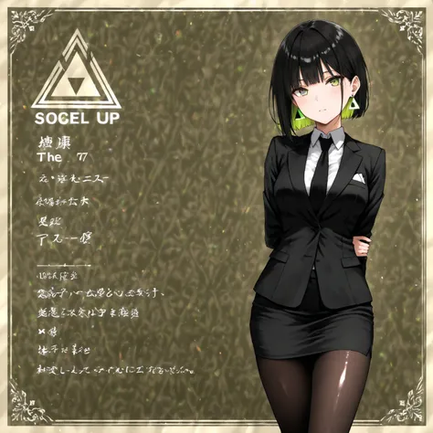 masterpiece, (((( best quality )))),1 girl,character profilele, Japanese Anime ,shiny skin, wearing a black suit,skirt suit, black tie , dark hair, short bob hair,The inner color of the hair is green, green eyes,isosceles triangle earrings, black stockings...