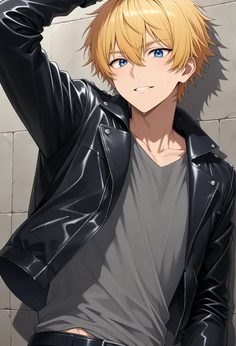  A blond-haired anime boy of s ,  with blue eyes and a black leather jacket, unto
Looking like an older brother 