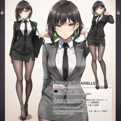 masterpiece, (((( best quality )))),1 girl,character profilele,shiny skin, wearing a black suit,skirt suit, black tie , dark hair, short bob hair,The inner color of the hair is green, green eyes,isosceles triangle earrings, black stockings,medium breasts